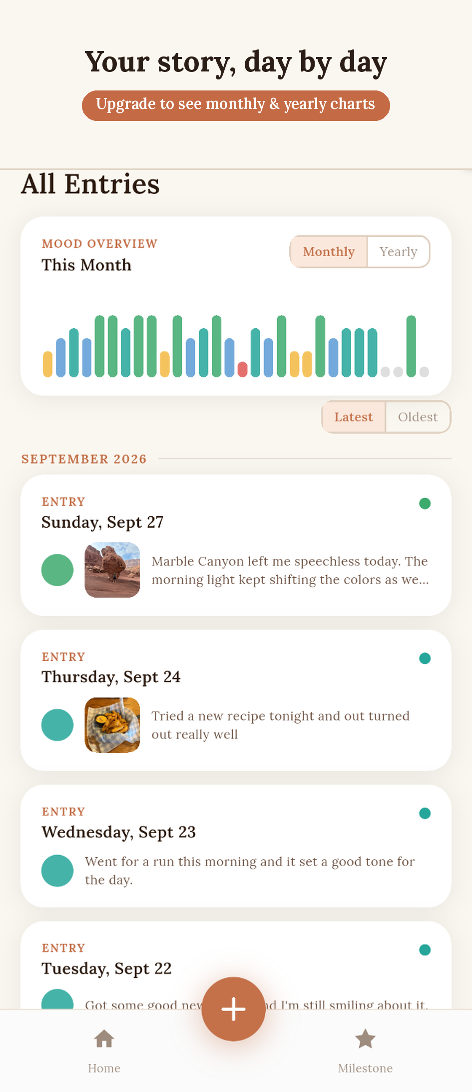 All entries screen with mood overview chart in Foldate