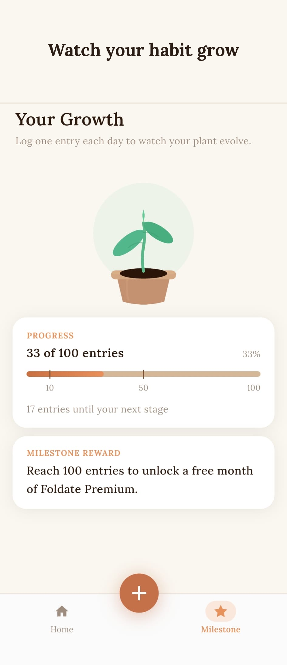 Foldate's growth screen tracking entry milestones and streaks