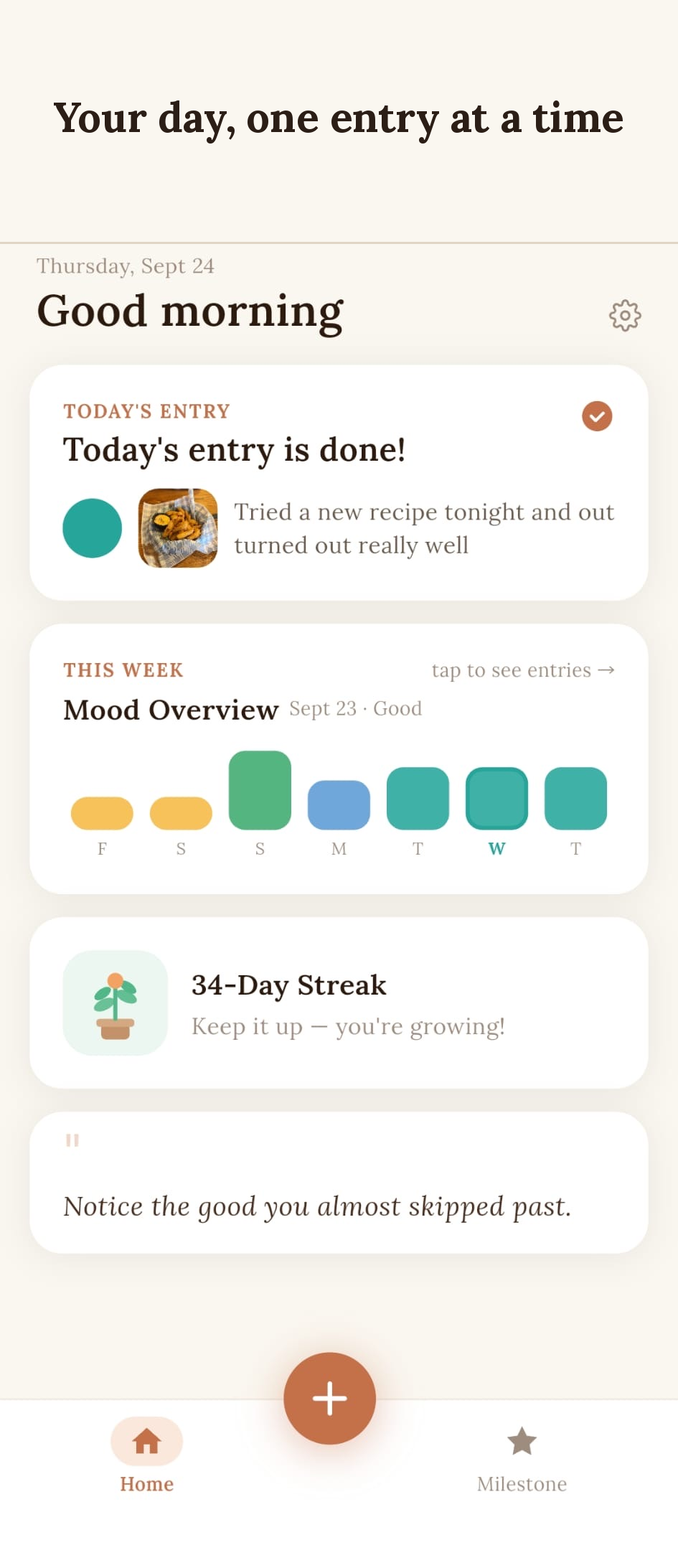 Foldate home screen with today's entry, mood overview, and streak